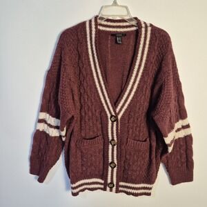 Forever 21 Large Preppy Varsity Cable Knit Cardigan Button Sweater